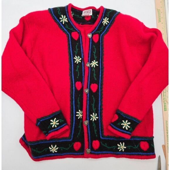 PBJ Sport Womens XL Red Wool Cardigan With Heart Buttons & Floral Embroidery - Picture 1 of 7